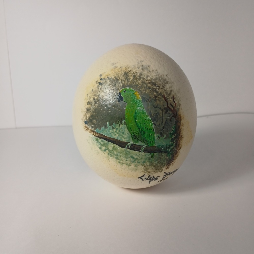 Vtg Hand Painted Ostrich Egg Signed By The Artist Green Parrot Bird 1995